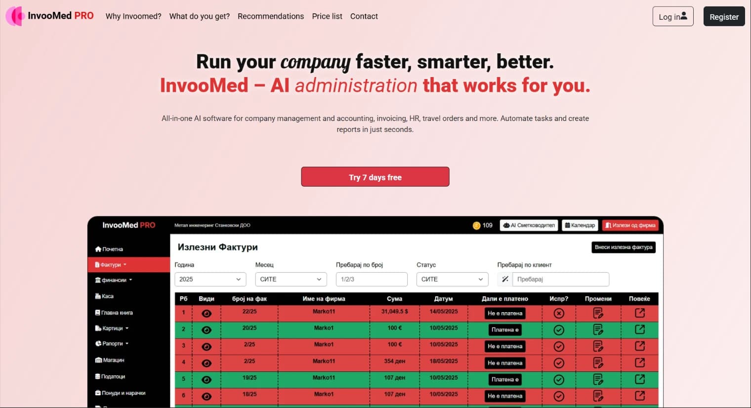 The Invoomed platform, showing invoicing and financial overview